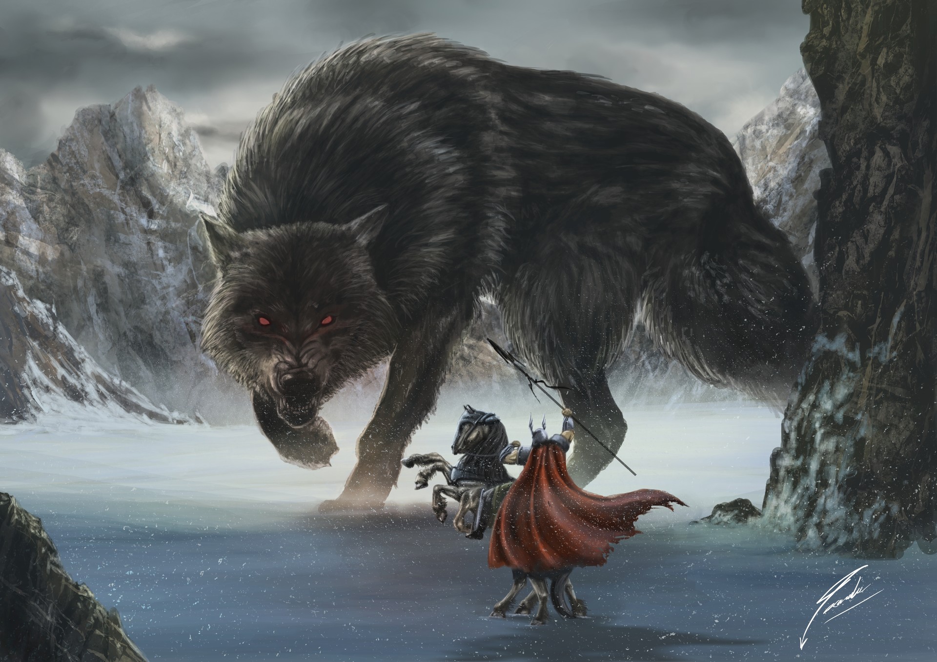 Uma pintura de Fenrir e Odin